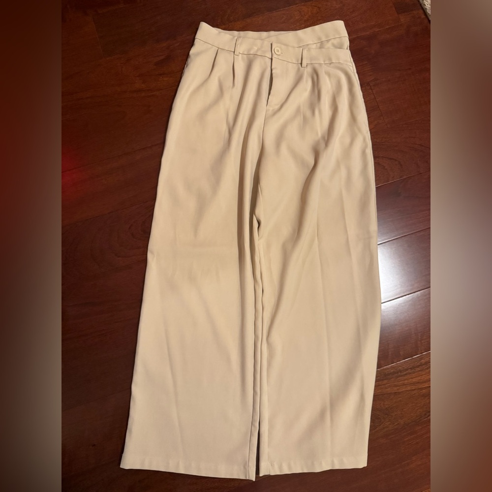 Commense Women's Cream Straight Leg Pants Asymmetric Waist